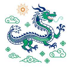 Fototapeta premium Vibrant Green Chinese Dragon Design with Clouds art