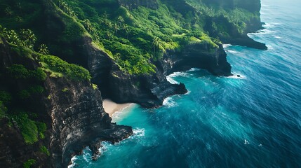 Fototapeta premium Lush, verdant Hawaiian coastal landscape with hidden cove.