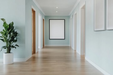 Obraz premium Modern interior design: empty hallway with blank canvas and potted plant