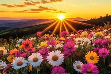 Obraz premium Colorful Daisies Flower Field With Sunset Glowing Light Rays in the Background