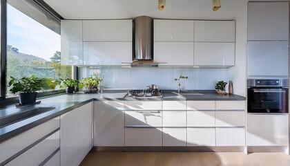 a kitchen with glossy white cabinetry and a matching white countertop the space is bathed in natural light with sleek appliances integrated into the design for a seamless look