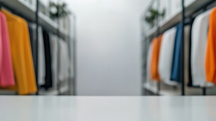 Empty white table with blurred clothes racks in fashion store interior