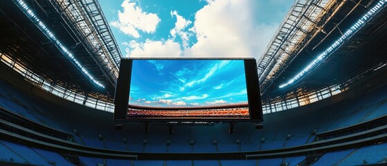 Large screen displaying blue sky in an empty stadium.