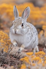 Fototapeta premium Leaping hare amidst yellow blooms a blur of fur in arid beauty