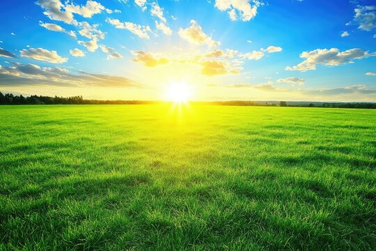 Vibrant sunset over a vast, lush green field.  Golden sunlight illuminates the landscape - Powered by Adobe