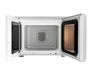Obraz premium A white, open, clean built-in microwave oven with an orange light inside the door, isolated on Png Format and Transparent Background