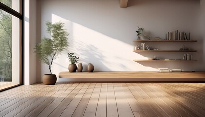 a 3d visualization of a roomy minimalist scandinavian space featuring a wooden floor expansive white walls and a tranquil nordic inspired interior design