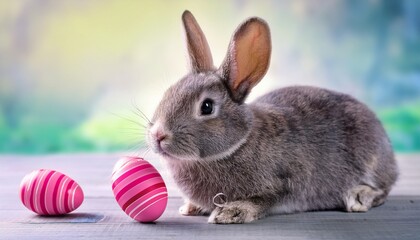 gray bunny with pink striped egg on easter holiday