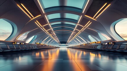 Futuristic architectural tunnel interior, illuminated by glowing lines.