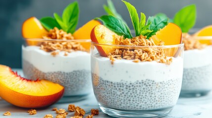Fresh Peach Parfaits: Three artfully arranged parfaits with layers of chia seeds, creamy yogurt, crunchy granola, and ripe peach slices, garnished with fresh mint leaves.