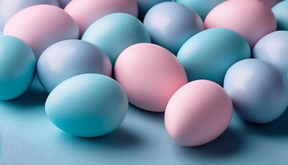 close up of many pastel blue and pink easter eggs