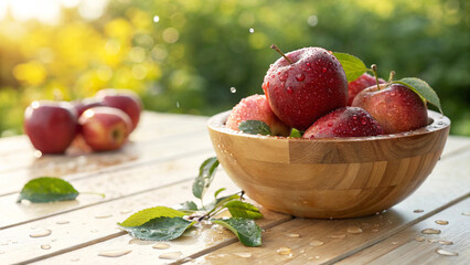 Red Apples in bowl with water drop on table in Natural sunny day Background, Red Apple in bowl