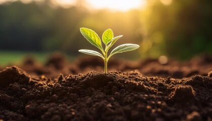 a small green plant sprouting from rich dark soil with sunlight gently illuminating the scene symbolizing growth and new beginnings