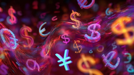 Colorful abstract background with floating currency symbols and digital glow