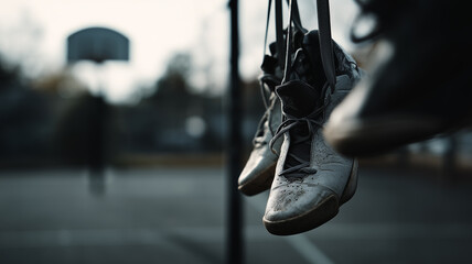 a worn modern basketball shoes on basketball court, dusty with scuffed details symbolizes the hard work and discipline of an athlete
