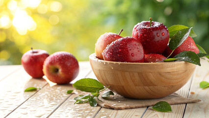 Red Apples in wooden bowl with water drop on wooden table in Natural Background with warm sunlight view