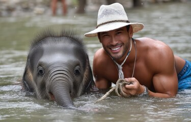 A Thai man wearing blue shorts and a white hat is washing an elephant in the river