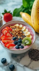 Colorful smoothie bowl with fresh fruits and granola, creating a healthy, inviting breakfast setting.