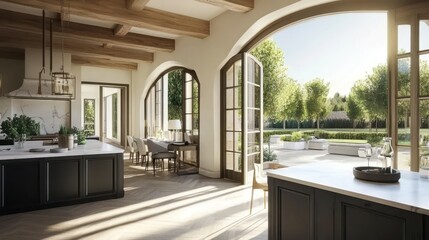 Luxury Kitchen with French Doors: A modern kitchen seamlessly blends with nature through expansive French doors, opening to a tranquil garden view.  The architectural details.