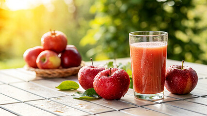 Red Apple and Apple Juice on table in Garden in Natural Background, Red Apples on table