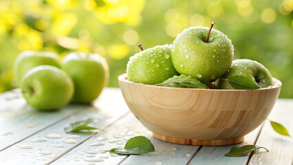 Green Apple in wooden bowl with water drop on wooden surface in Natural background, Green Apples in bowl 