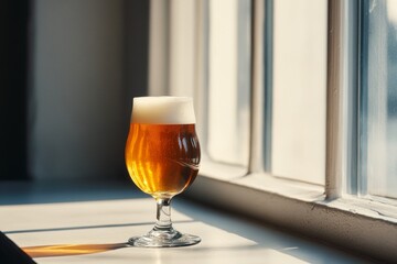Light beer in a glass by a window