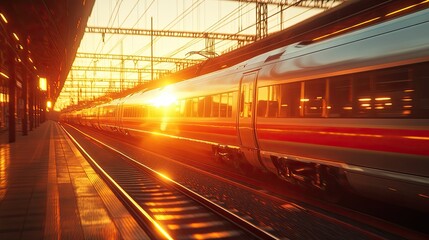 Modern high-speed train pulling out of the station at sunset.