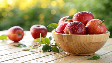 Red Apple in bowl with water drop on table in Natural sunny day Background, Red Apples in wooden bowl