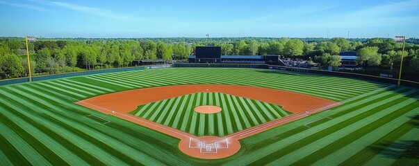 Obraz premium A vibrant baseball field with neatly manicured grass and clear blue skies, inviting players and fans to enjoy the game.