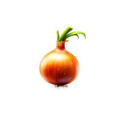 A close up view of a fresh organic orange onion with its green stems and roots set against a stark white background highlighting the natural textures and colors of this versatile culinary ingredient