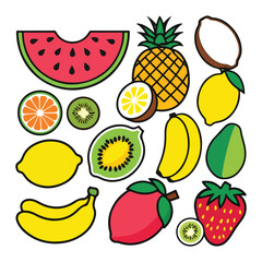Set of 10 tropical fruits in summer theme