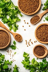 Brown Mustard Seeds with Parsley, Culinary Herbs and Spices Flatlay