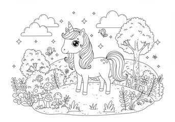 Cute unicorn on a hill with butterflies, flowers, and mushrooms in a magical fantasy coloring book line art illustration