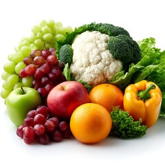 A vibrant assortment of fresh fruits and vegetables arranged together and isolated on a clean white background