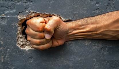 A clenched fist breaks through a cracked concrete wall
