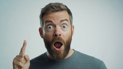 Surprised Caucasian man with beard points upward with excitement.