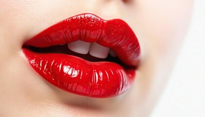 Obraz premium Close-up of luscious red lips against pure white , matte, pouty lips