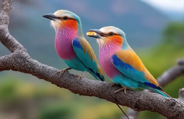 Obraz premium Two beautiful, colorful birds sitting on a branch. One bird is sleeping, while the other has its beak open and is eating something from its mouth