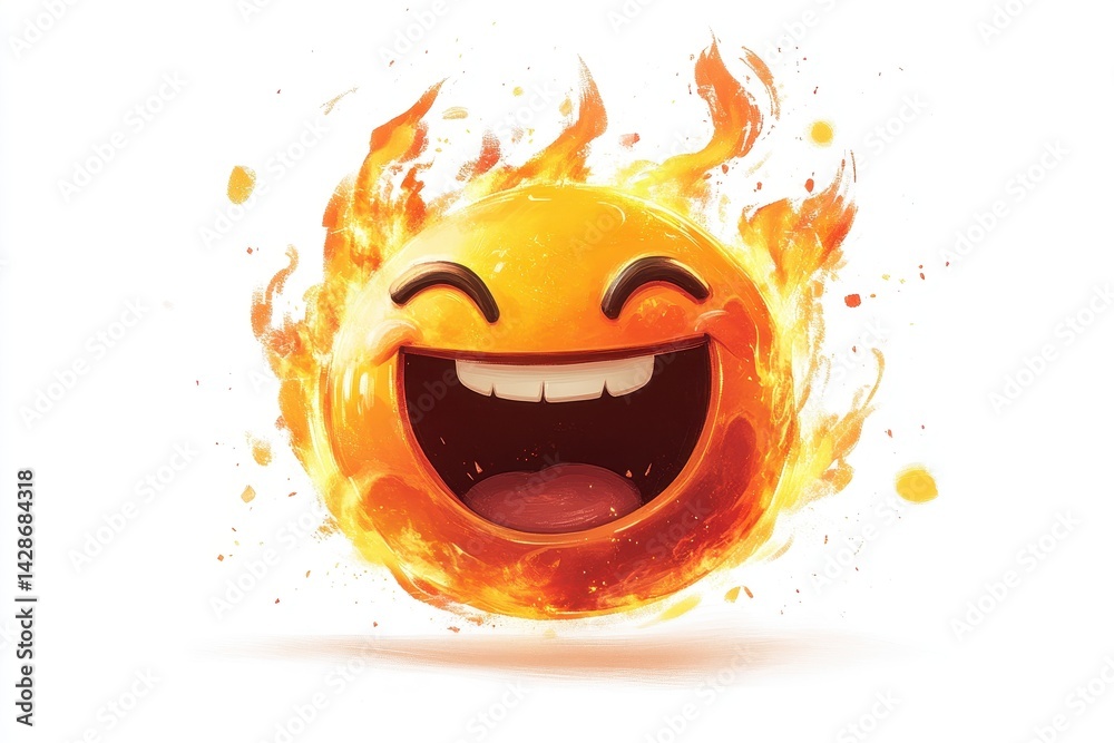 Aufkleber Cheerful flaming smiley face representing joy and enthusiasm in a vibrant, dynamic design with energetic flames surrounding the happy expression