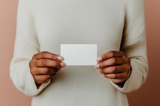 Woman holding loyalty card promoting sustainable fashion and retail engagement