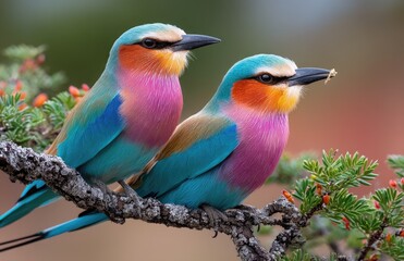 Fototapeta premium Two beautiful, colorful birds sitting on a branch. One bird is sleeping, while the other has its beak open and is eating something from its mouth