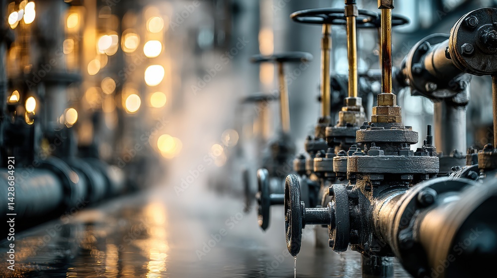 Poster close-up view of industrial refinery valves and pipes with steam, illuminated by ambient light durin