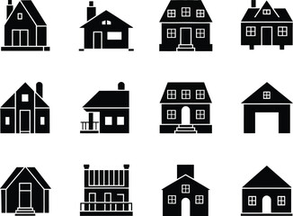 Collection of Simple Black and White House Icons. A set of nine simple, black silhouette icons representing various house styles.