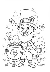 Smiling leprechaun with pot of gold and shamrocks in a festive St. Patrick’s Day coloring book line art illustration