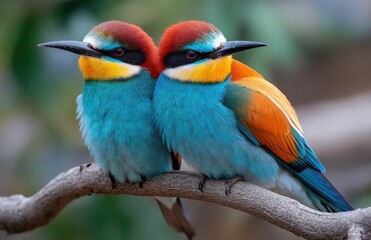 Obraz premium Two beautiful, colorful birds sitting on a branch. One bird is sleeping, while the other has its beak open and is eating something from its mouth