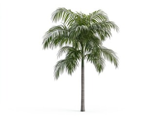 Isolated image of a slender palm tree with lush, green fronds against a stark white backdrop