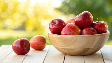 Red Apples in bowl on table in Natural sunny day Background, Red Apples in bowl