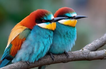 Obraz premium Two beautiful, colorful birds sitting on a branch. One bird is sleeping, while the other has its beak open and is eating something from its mouth
