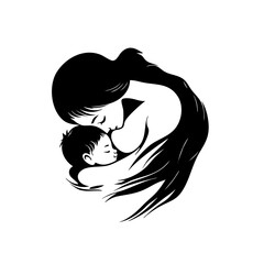Long-haired mother cradling sleeping infant, silhouette