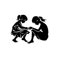 Mother ties daughter’s shoelace, caring silhouette scene